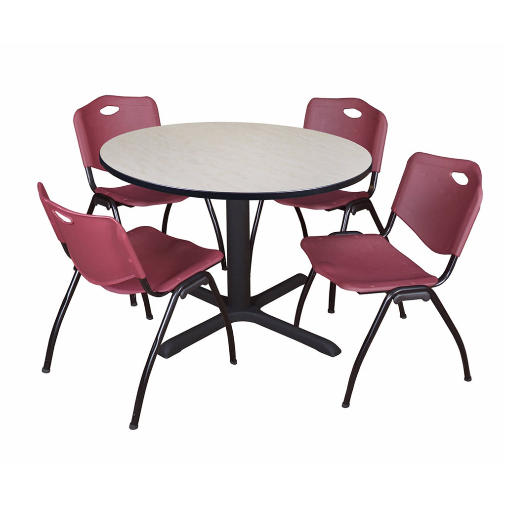 Maple Round Breakroom Table with 4 Grey Stack Chairs V8229