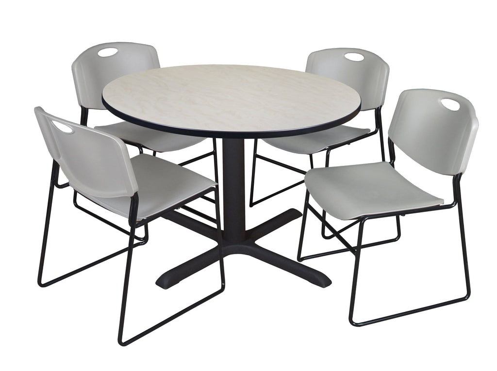 Maple Round Breakroom Table with 4 Grey Stack Chairs V8229
