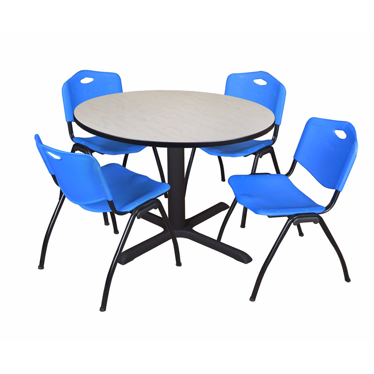 Maple Round Breakroom Table with 4 Grey Stack Chairs V8229